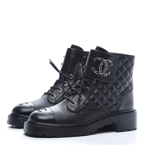 chanel shiny goatskin calfskin quilted lace up combat boots|CHANEL.